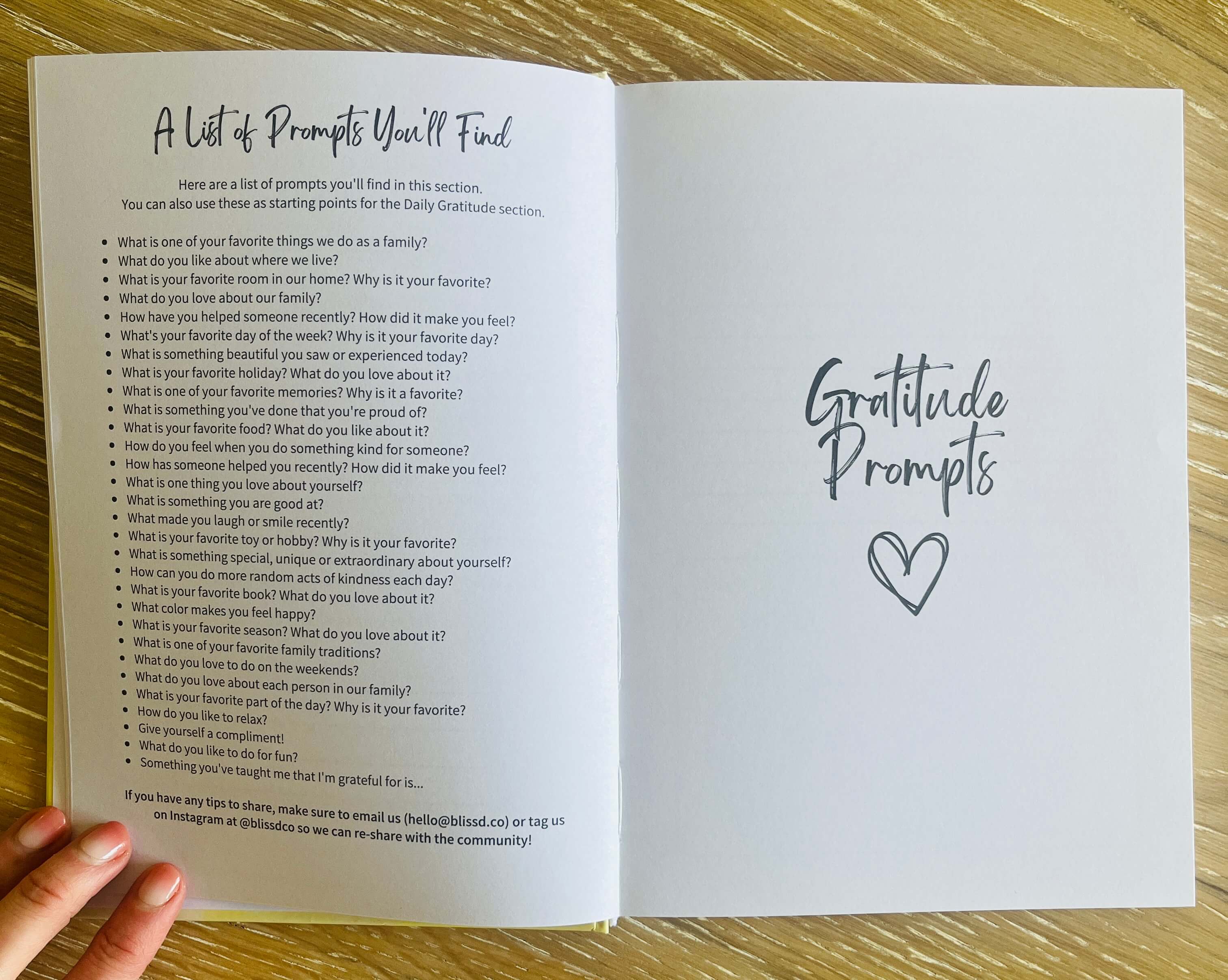 Open family gratitude journal with fun daily gratitude prompts and drawings