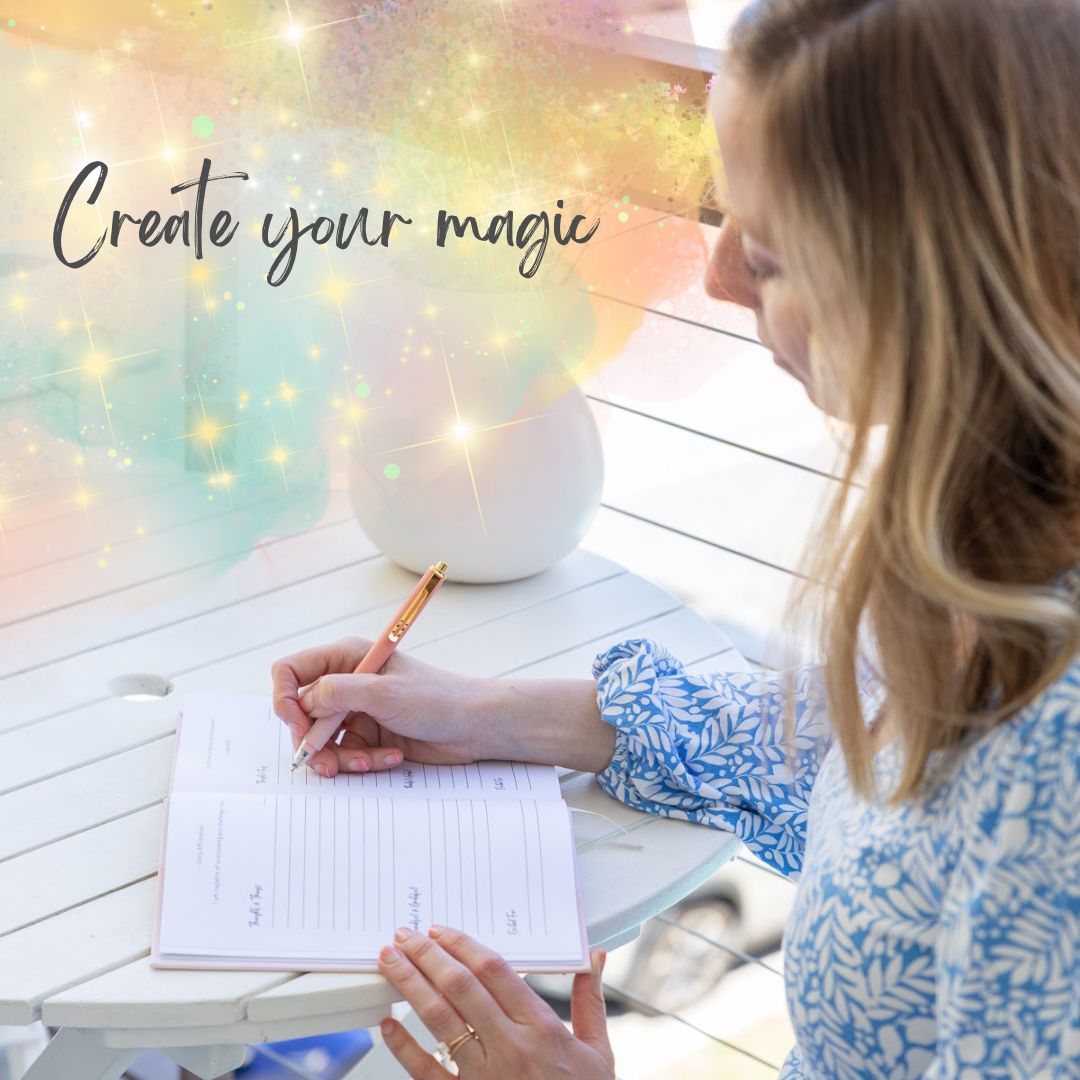 Woman writing in Time to Reflect reflection journal at table