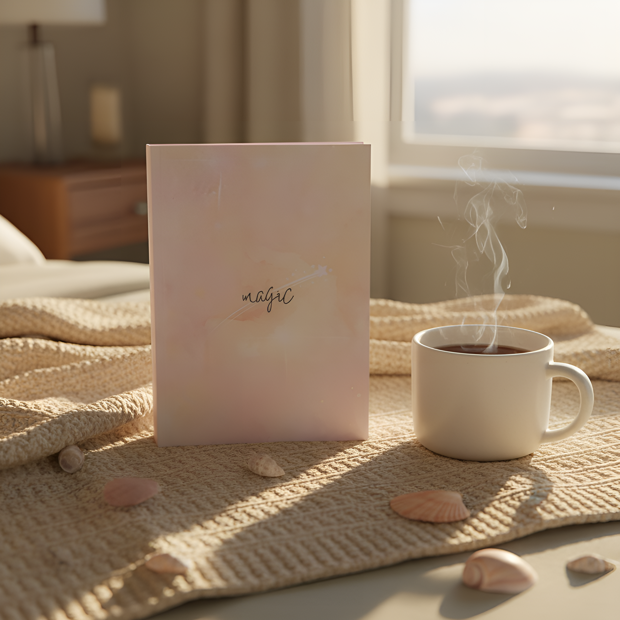 Magic Daily Journal for Beginners cover on bed with coffee