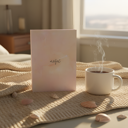 Magic Daily Journal for Beginners cover on bed with coffee