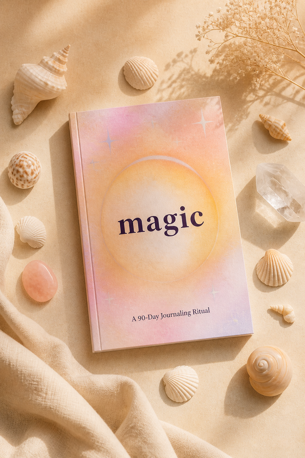 Beginner journal titled Magic on beige background with shells and crystals