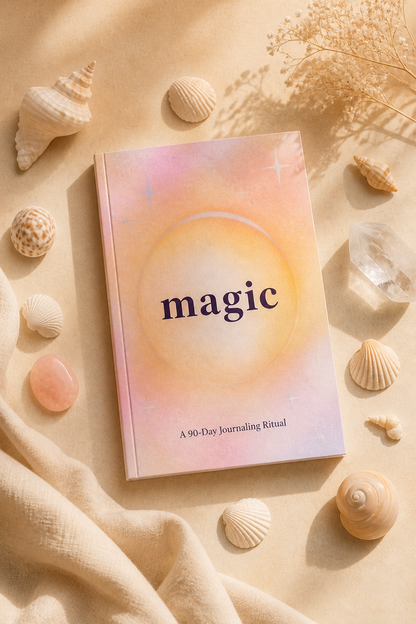 Beginner journal titled Magic on beige background with shells and crystals